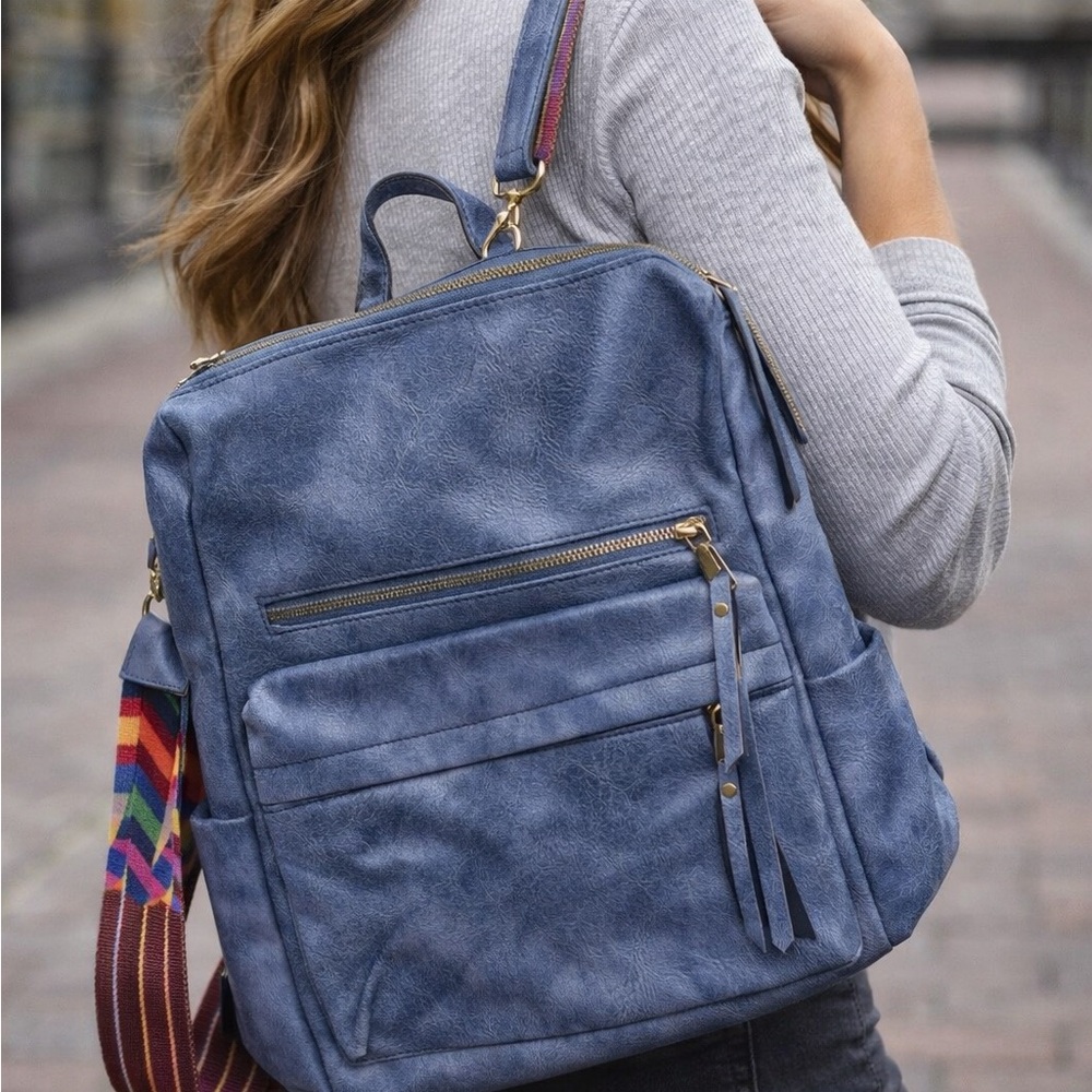 Blue Faux Leather Backpack Purse Women Multi Pocket Convertible Shoulder Bag